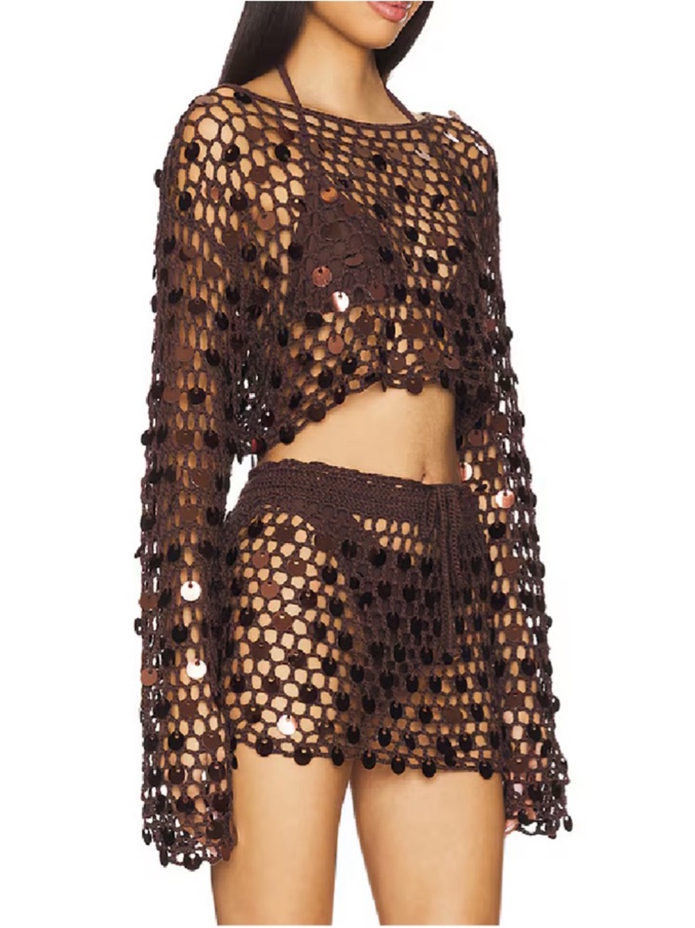 superdown Brown Crochet Sequin Swim Cover-Up Set